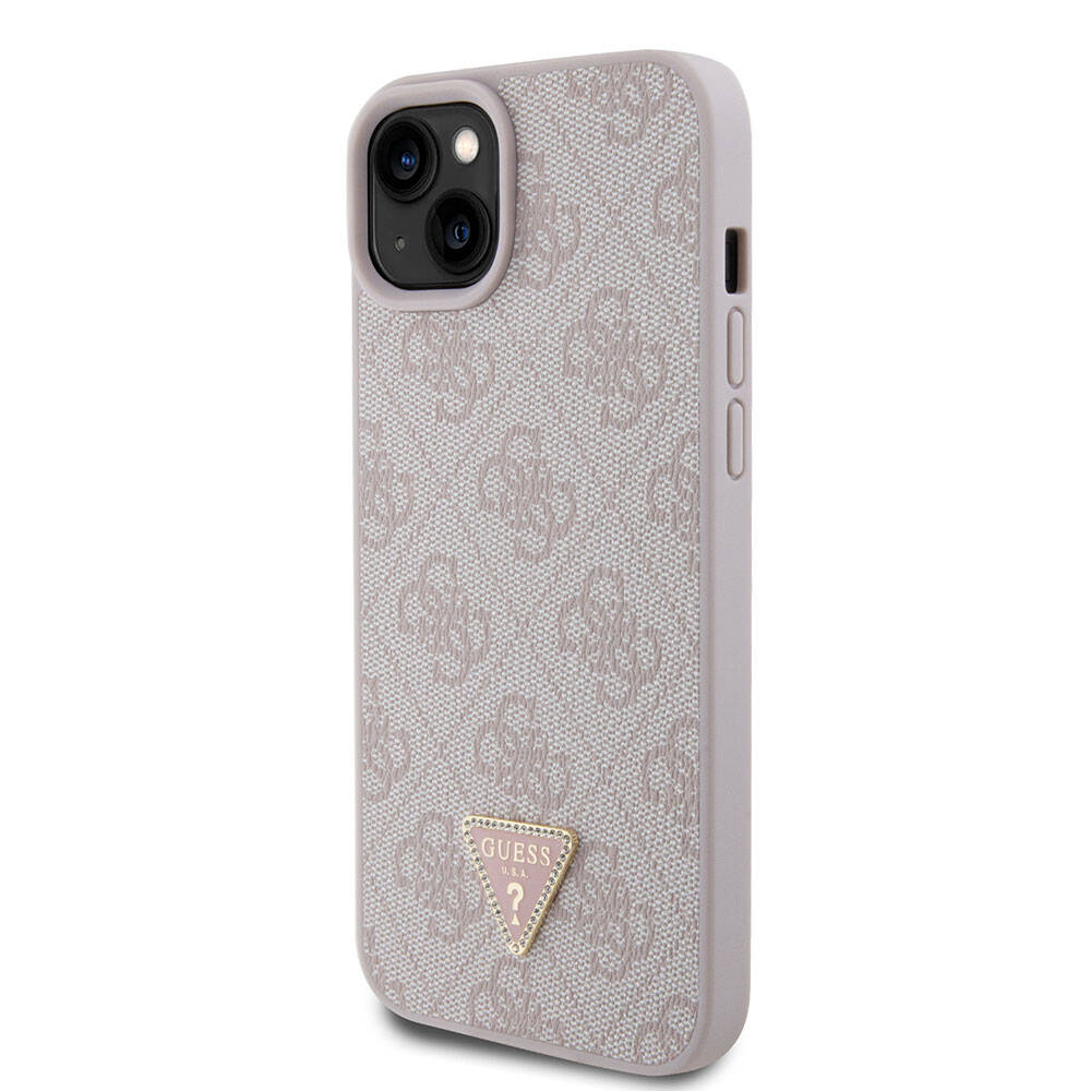 iPhone 15 Plus Kılıf Guess Orjinal Lisanslı PU Deri Taşlı Üçgen Logo 4G Desenli Kılıf