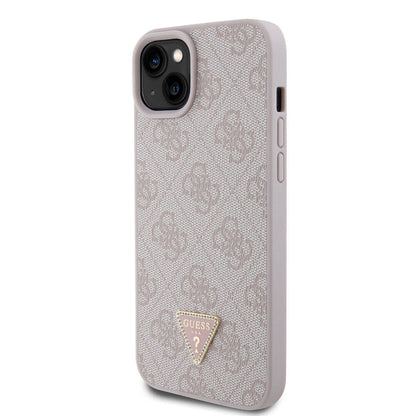 iPhone 15 Plus Kılıf Guess Orjinal Lisanslı PU Deri Taşlı Üçgen Logo 4G Desenli Kılıf