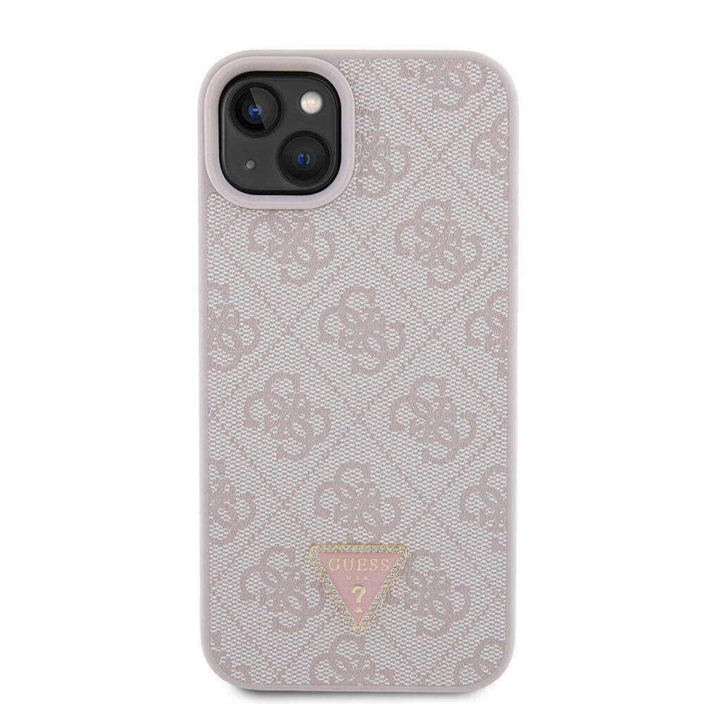 iPhone 15 Plus Kılıf Guess Orjinal Lisanslı PU Deri Taşlı Üçgen Logo 4G Desenli Kılıf