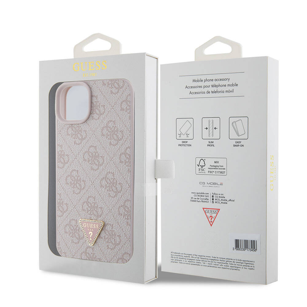 iPhone 15 Plus Kılıf Guess Orjinal Lisanslı PU Deri Taşlı Üçgen Logo 4G Desenli Kılıf