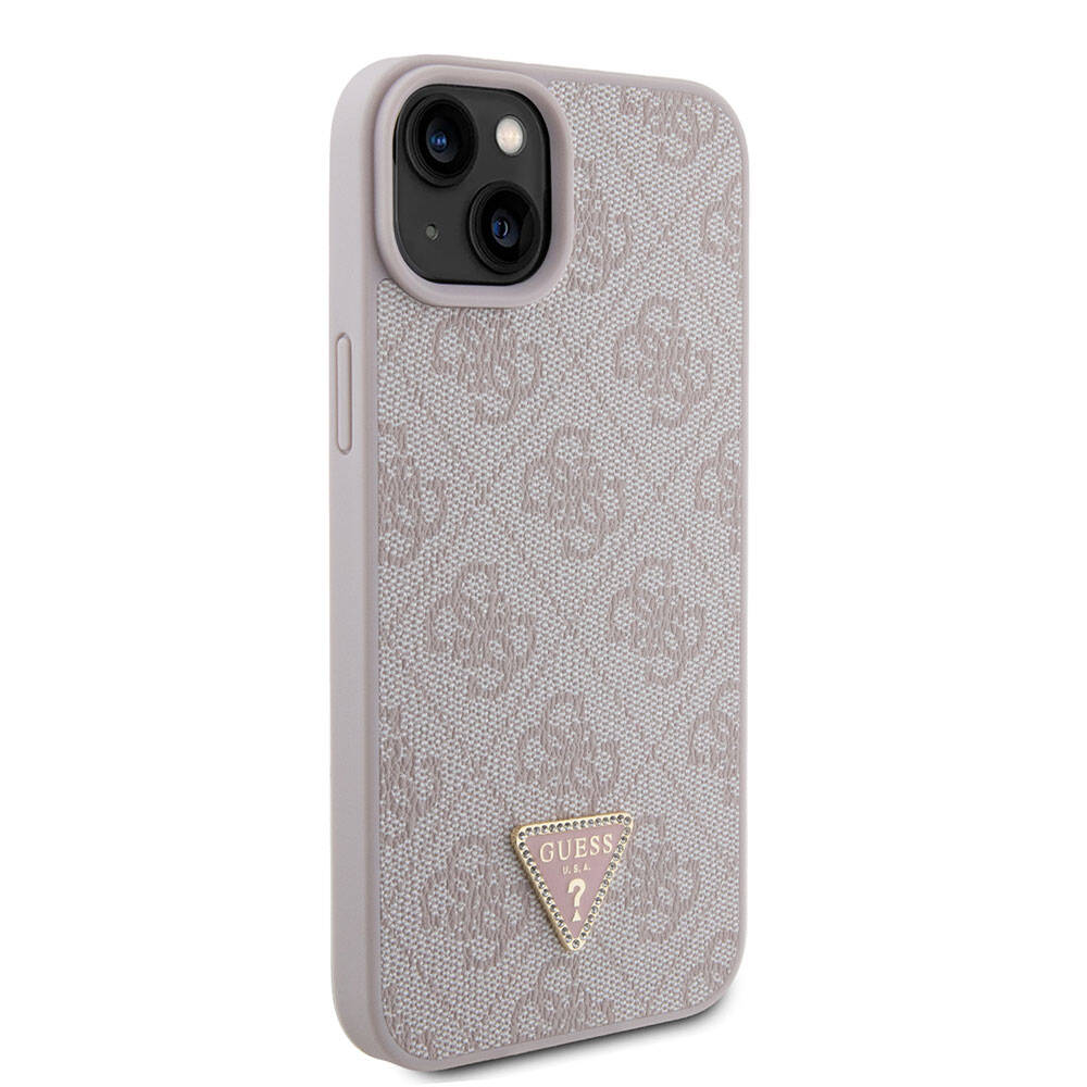 iPhone 15 Plus Kılıf Guess Orjinal Lisanslı PU Deri Taşlı Üçgen Logo 4G Desenli Kılıf