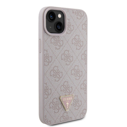iPhone 15 Plus Kılıf Guess Orjinal Lisanslı PU Deri Taşlı Üçgen Logo 4G Desenli Kılıf