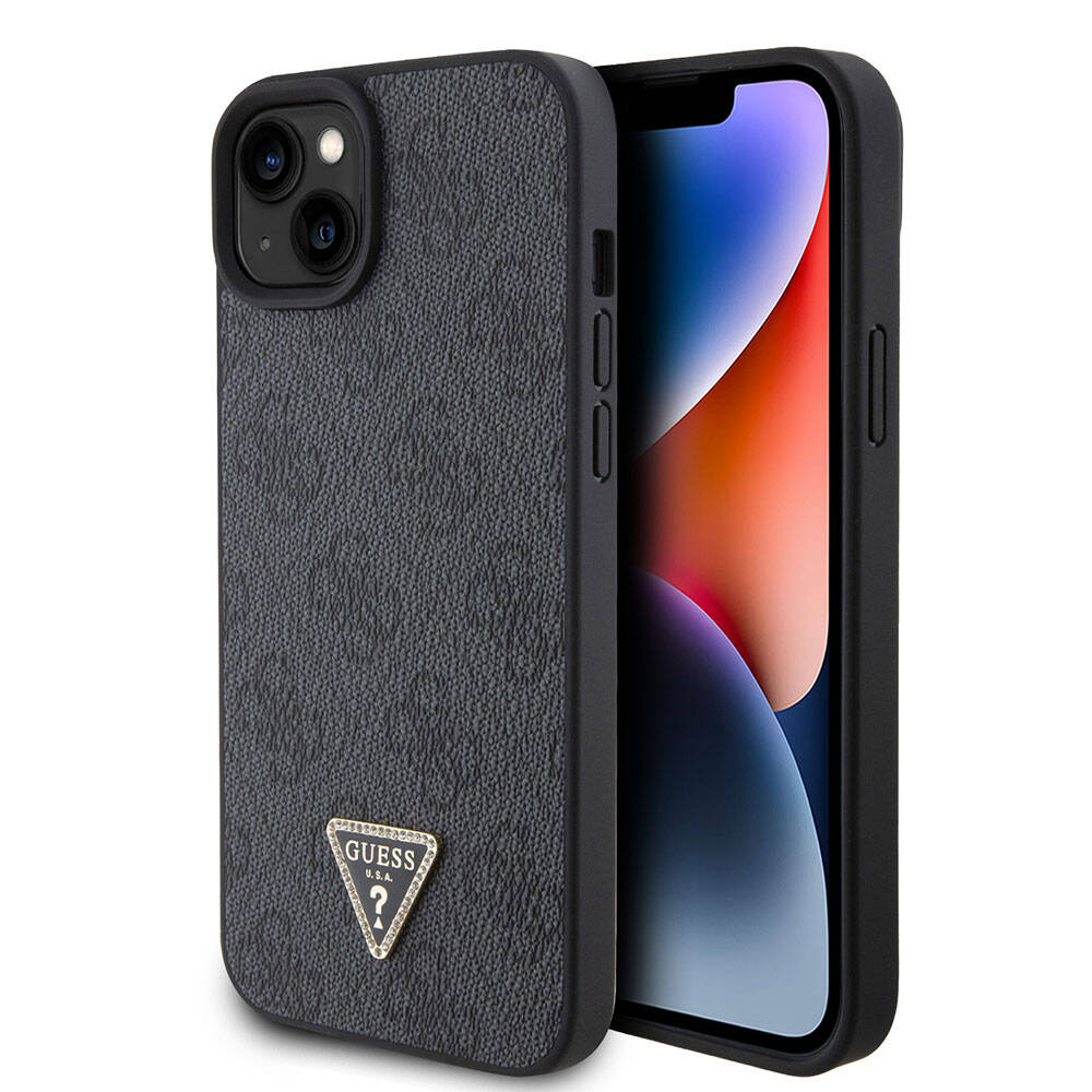 iPhone 15 Plus Kılıf Guess Orjinal Lisanslı PU Deri Taşlı Üçgen Logo 4G Desenli Kılıf