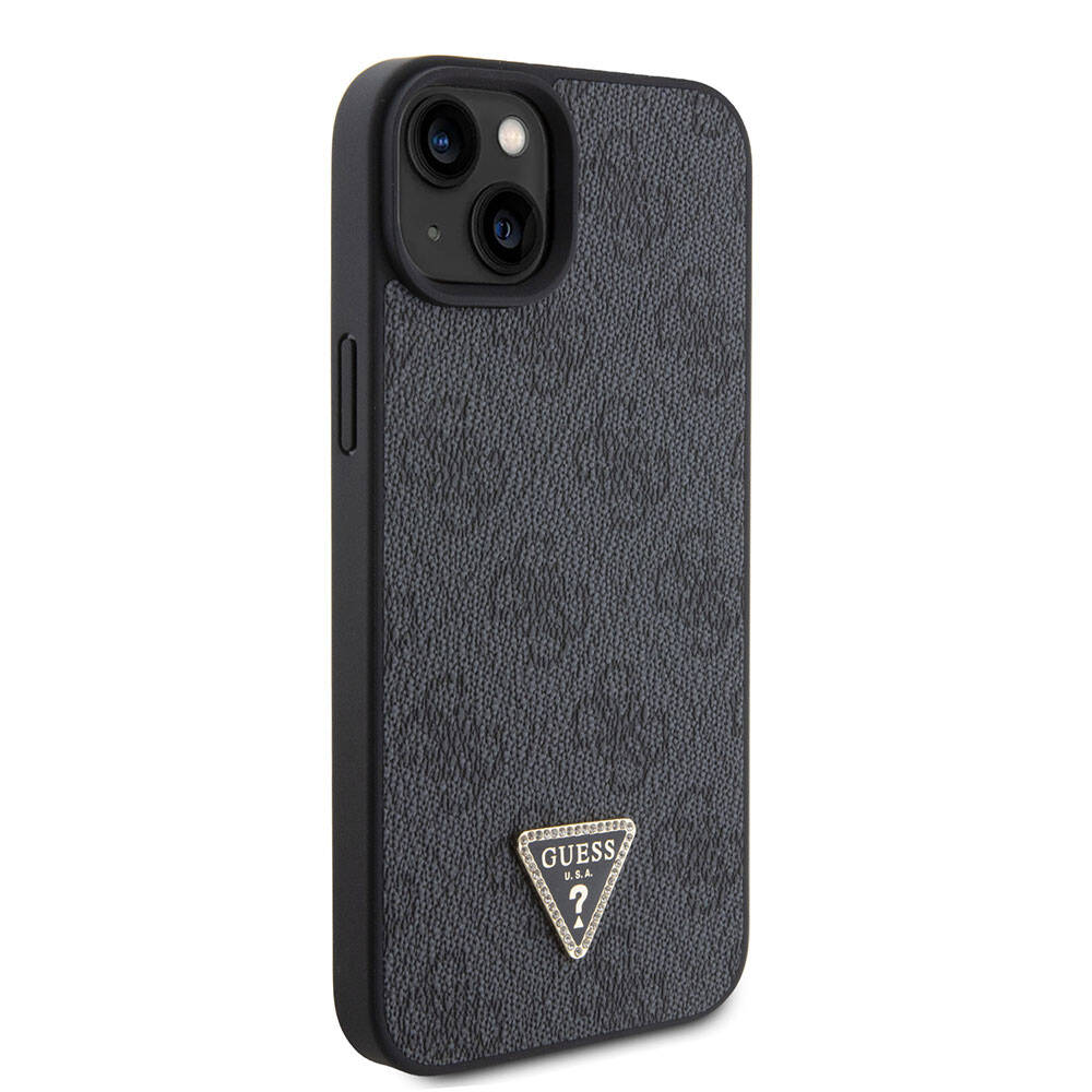 iPhone 15 Plus Kılıf Guess Orjinal Lisanslı PU Deri Taşlı Üçgen Logo 4G Desenli Kılıf