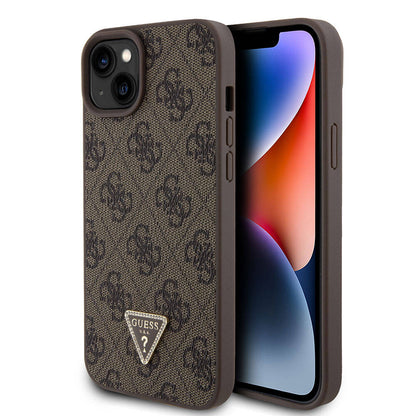 iPhone 15 Plus Kılıf Guess Orjinal Lisanslı PU Deri Taşlı Üçgen Logo 4G Desenli Strass Kılıf