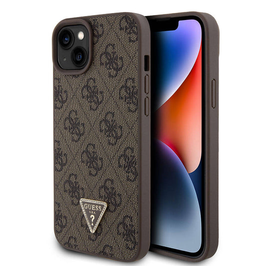 iPhone 15 Plus Kılıf Guess Orjinal Lisanslı PU Deri Taşlı Üçgen Logo 4G Desenli Strass Kılıf
