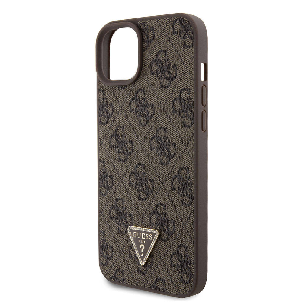 iPhone 15 Plus Kılıf Guess Orjinal Lisanslı PU Deri Taşlı Üçgen Logo 4G Desenli Strass Kılıf