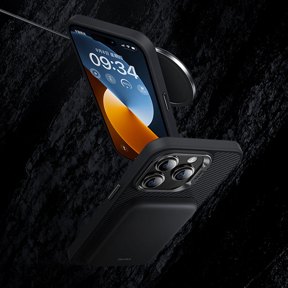 iPhone 15 Plus Kılıf Karbon Fiber M-safe Şarj Özellikli Benks Hybrid ArmorPro 600D Kevlar Kılıf