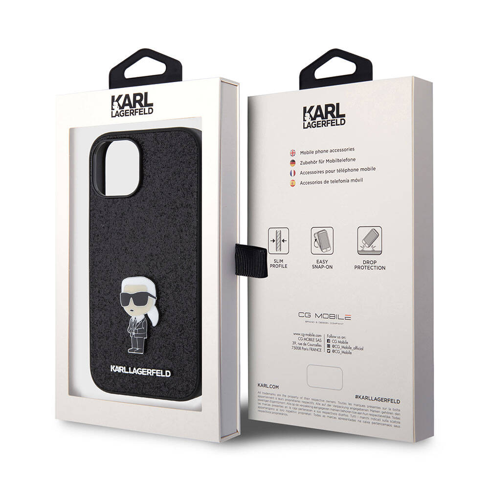 Apple iPhone 15 Kılıf Karl Lagerfeld İkonik Fixed Glitter Metal Logo Orjinal Lisanslı Kapak