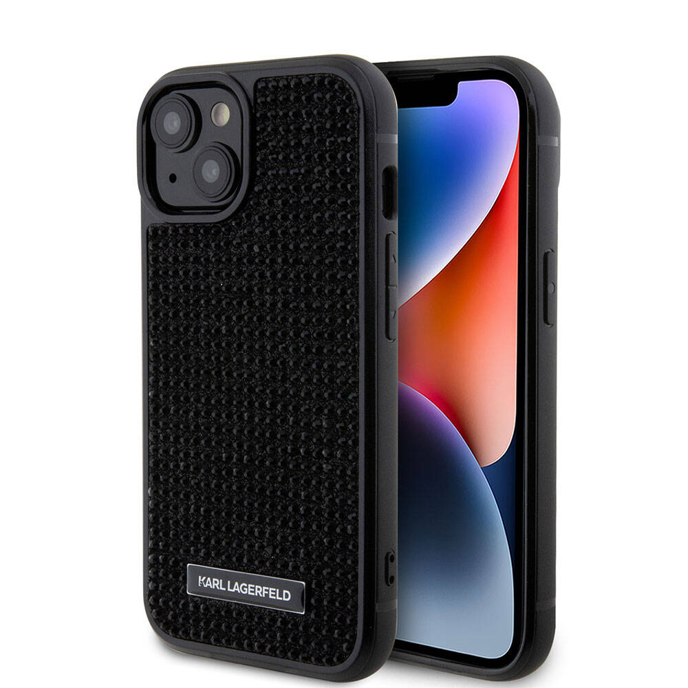 iPhone 15 Plus Kılıf Karl Lagerfeld Taşlı Metal Logo Orjinal Lisanslı Kılıf