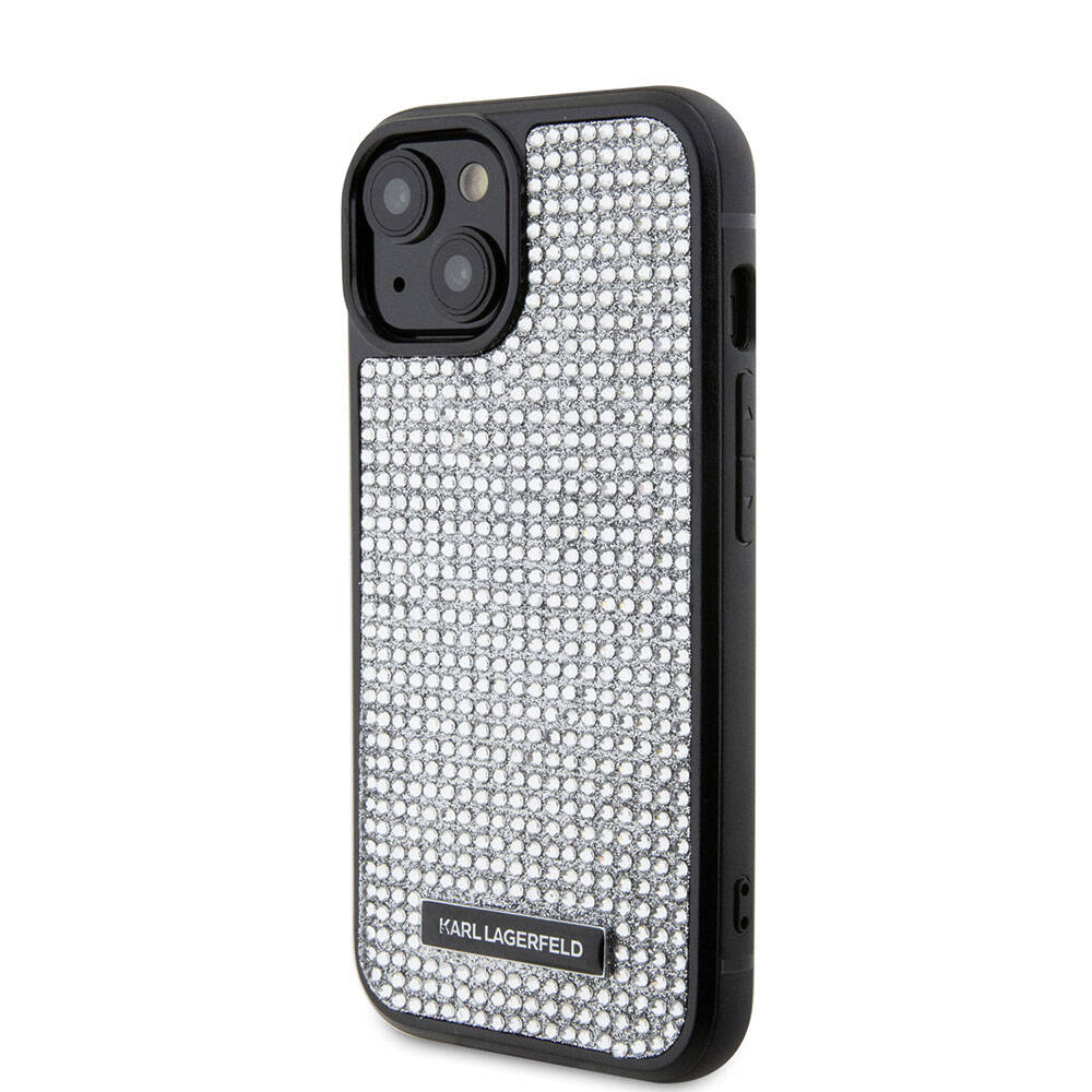 iPhone 15 Plus Kılıf Karl Lagerfeld Taşlı Metal Logo Orjinal Lisanslı Kılıf