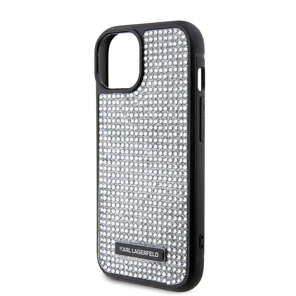 iPhone 15 Plus Kılıf Karl Lagerfeld Taşlı Metal Logo Orjinal Lisanslı Kılıf