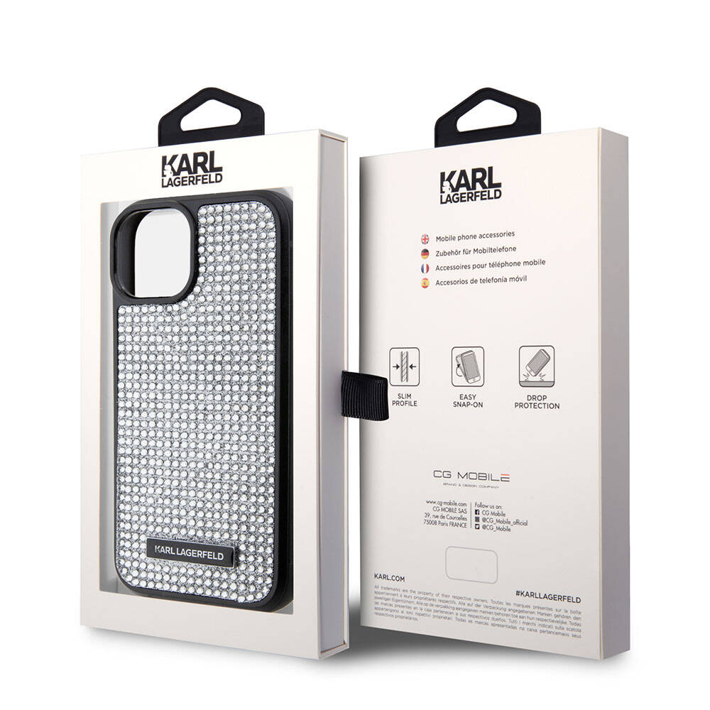 iPhone 15 Plus Kılıf Karl Lagerfeld Taşlı Metal Logo Orjinal Lisanslı Kılıf