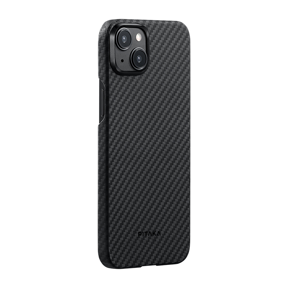 Apple iPhone 15 Plus Kılıf Magsafe Şarj Özellikli 1500D Aramid Fiber Pitaka Ultra-Slim Classic Serisi Black-Grey Twill Kapak Siyah-Gri