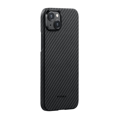 Apple iPhone 15 Plus Kılıf Magsafe Şarj Özellikli 1500D Aramid Fiber Pitaka Ultra-Slim Classic Serisi Black-Grey Twill Kapak Siyah-Gri