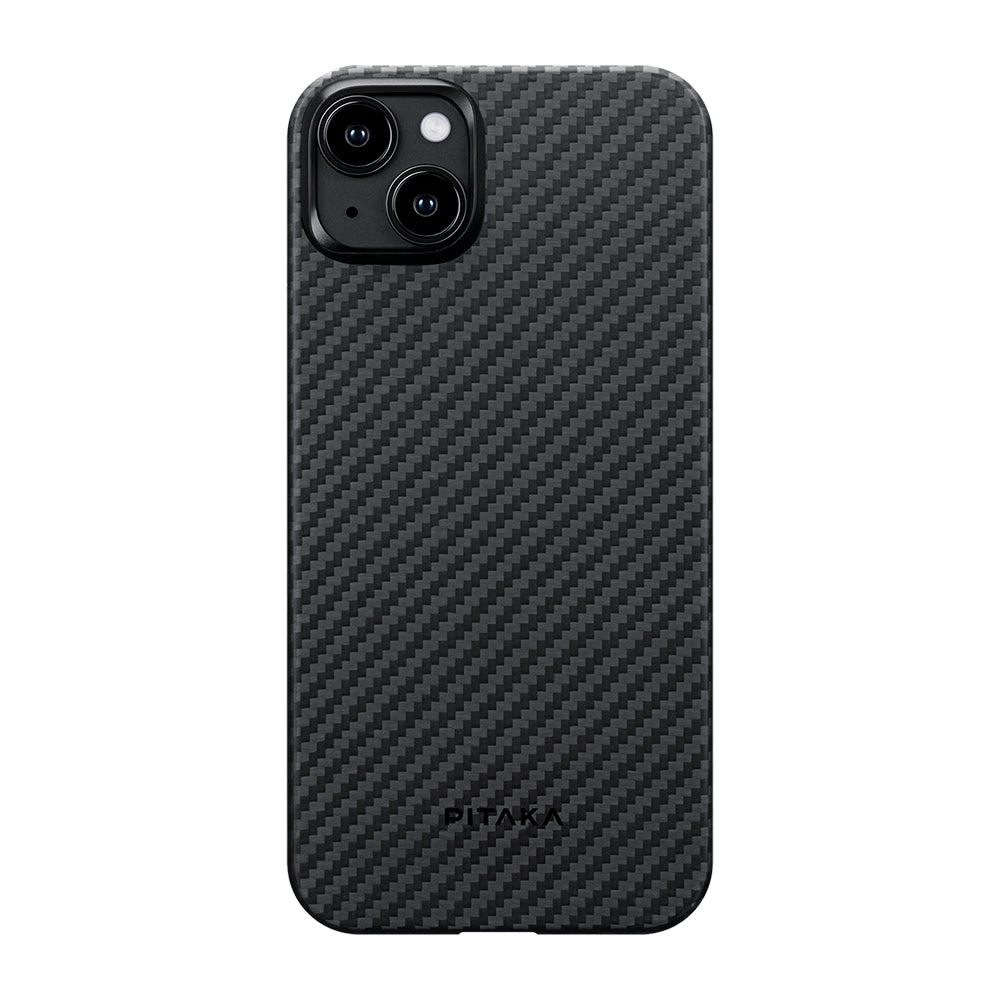 iPhone 15 Plus Kılıf M-safe Şarj Özellikli 1500D Aramid Fiber Pitaka Ultra-Slim Classic Serisi Black-Grey Twill Kılıf