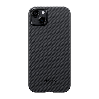 iPhone 15 Plus Kılıf M-safe Şarj Özellikli 1500D Aramid Fiber Pitaka Ultra-Slim Classic Serisi Black-Grey Twill Kılıf