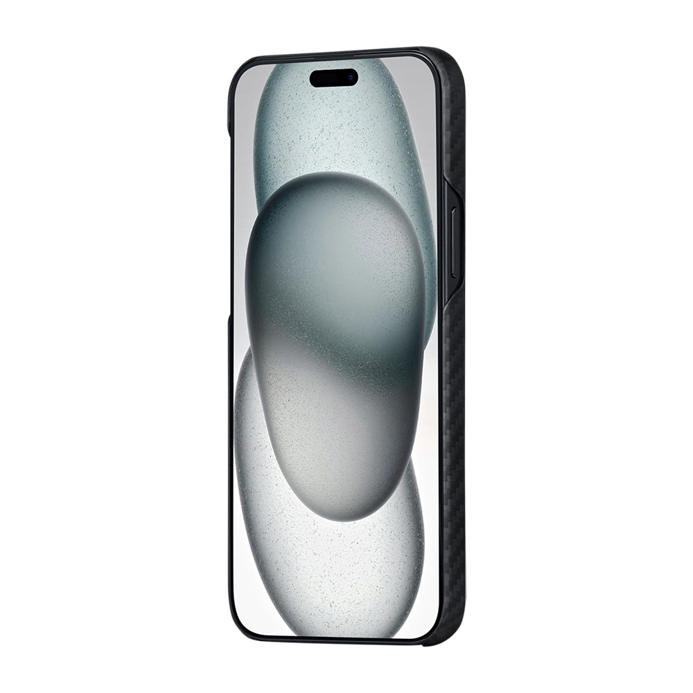 iPhone 15 Plus Kılıf M-safe Şarj Özellikli 1500D Aramid Fiber Pitaka Ultra-Slim Classic Serisi Black-Grey Twill Kılıf