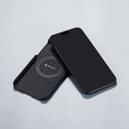 iPhone 15 Plus Kılıf M-safe Şarj Özellikli 1500D Aramid Fiber Pitaka Ultra-Slim Classic Serisi Black-Grey Twill Kılıf