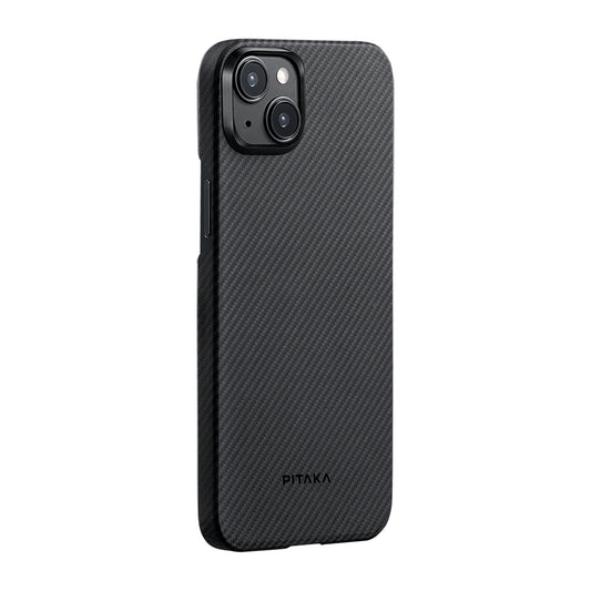 iPhone 15 Plus Kılıf M-safe Şarj Özellikli 600D Aramid Fiber Pitaka Ultra-Slim Classic Serisi Black-Grey Twill Kılıf