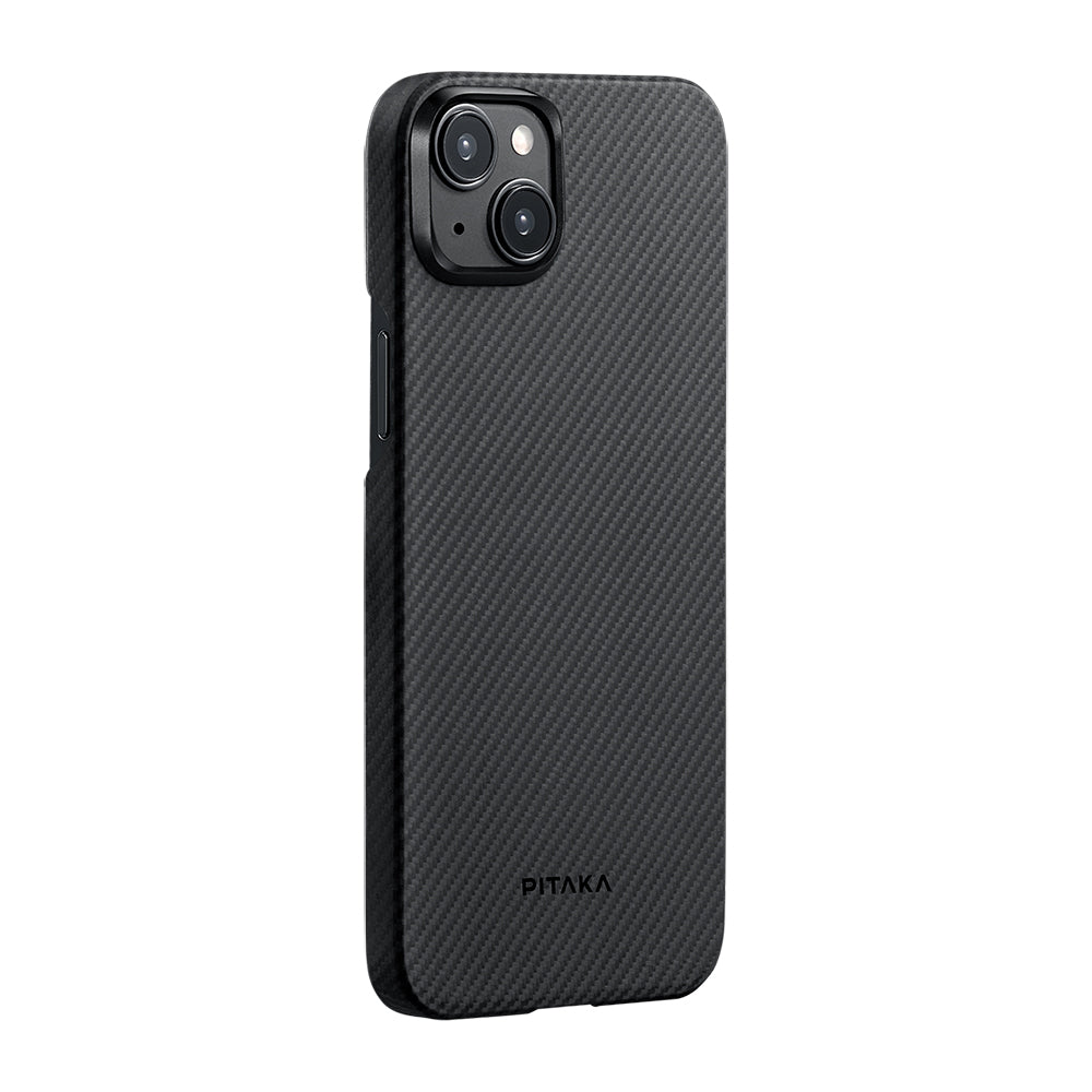 Apple iPhone 15 Plus Kılıf Magsafe Şarj Özellikli 600D Aramid Fiber Pitaka Ultra-Slim Classic Serisi Black-Grey Twill Kapak Siyah-Gri