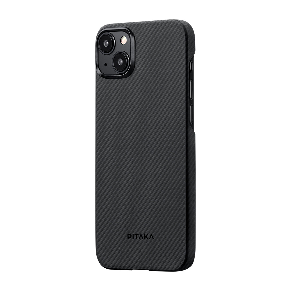 iPhone 15 Plus Kılıf M-safe Şarj Özellikli 600D Aramid Fiber Pitaka Ultra-Slim Classic Serisi Black-Grey Twill Kılıf