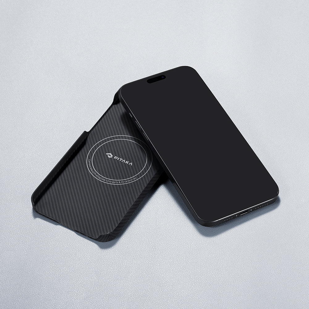 iPhone 15 Plus Kılıf M-safe Şarj Özellikli 600D Aramid Fiber Pitaka Ultra-Slim Classic Serisi Black-Grey Twill Kılıf