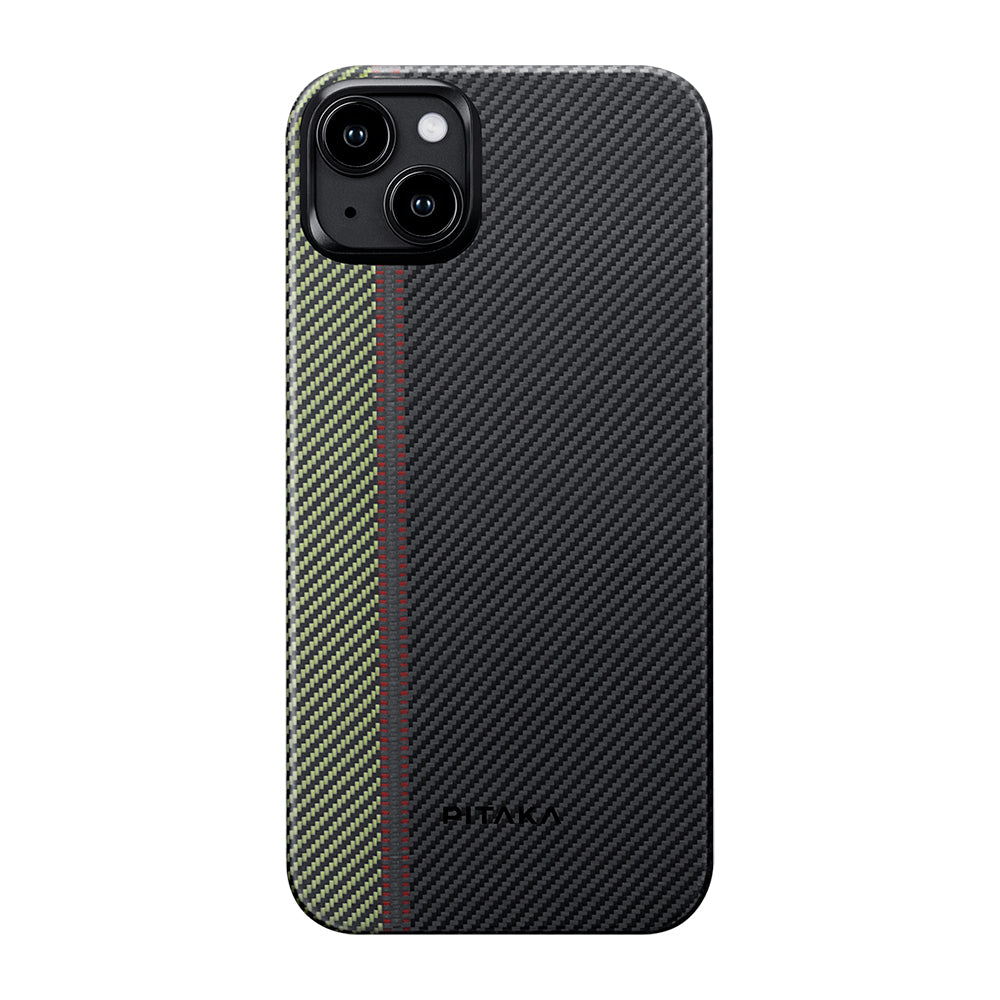 Apple iPhone 15 Plus Kılıf Magsafe Şarj Özellikli 600D Aramid Fiber Pitaka Tactile Woven Orchestra Serisi Overture Kapak Siyah-Yeşil