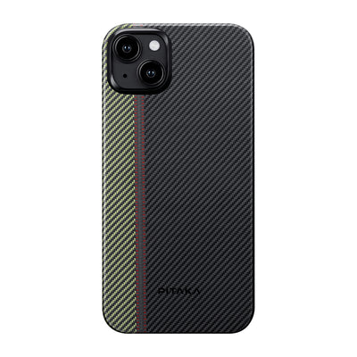 Apple iPhone 15 Plus Kılıf Magsafe Şarj Özellikli 600D Aramid Fiber Pitaka Tactile Woven Orchestra Serisi Overture Kapak Siyah-Yeşil