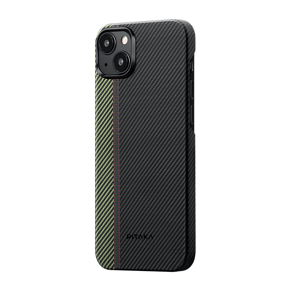 Apple iPhone 15 Plus Kılıf Magsafe Şarj Özellikli 600D Aramid Fiber Pitaka Tactile Woven Orchestra Serisi Overture Kapak Siyah-Yeşil