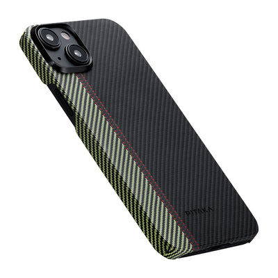 Apple iPhone 15 Plus Kılıf Magsafe Şarj Özellikli 600D Aramid Fiber Pitaka Tactile Woven Orchestra Serisi Overture Kapak Siyah-Yeşil