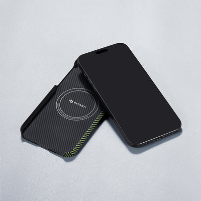 Apple iPhone 15 Plus Kılıf Magsafe Şarj Özellikli 600D Aramid Fiber Pitaka Tactile Woven Orchestra Serisi Overture Kapak Siyah-Yeşil