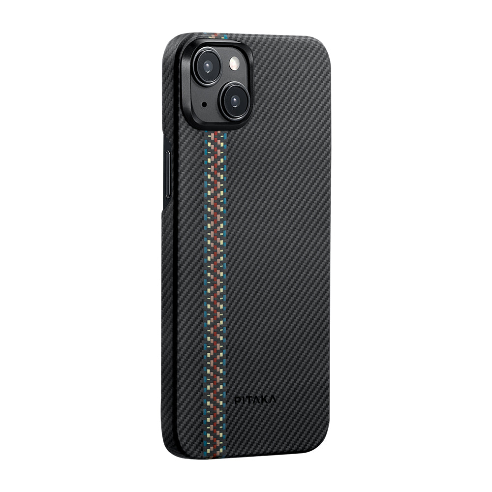 Apple iPhone 15 Plus Kılıf Magsafe Şarj Özellikli 600D Aramid Fiber Pitaka Tactile Woven Orchestra Serisi Rhapsody Kapak Siyah