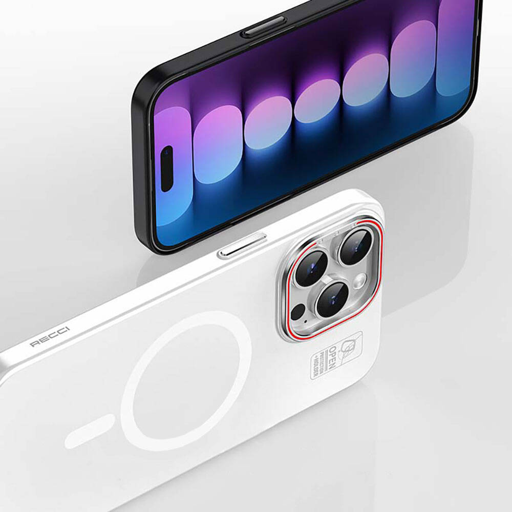 iPhone 15 Plus Kılıf M-safe Şarj Özellikli Standlı Metal Kamera Çerçeveli Mat Recci Glaze Serisi Kılıf