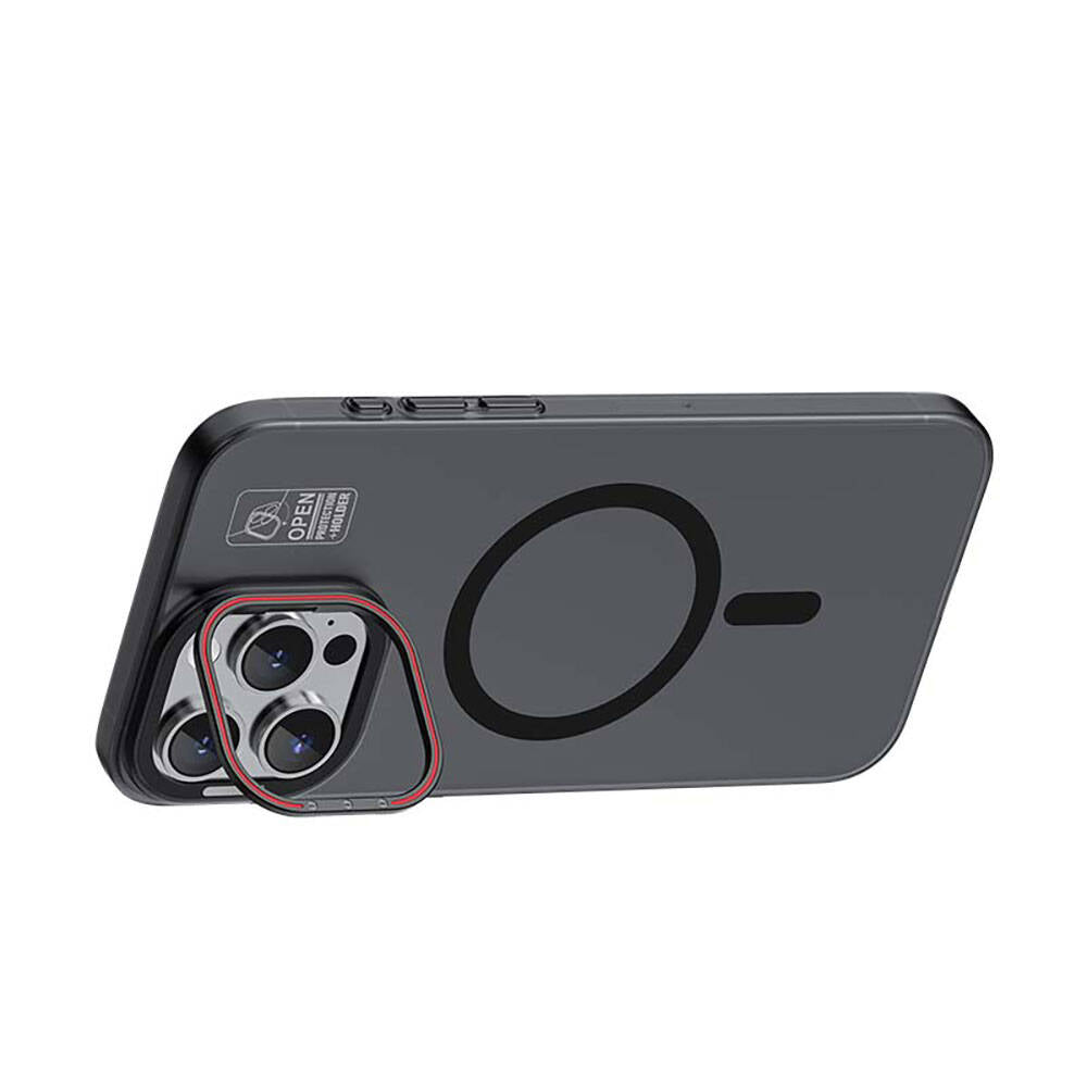 iPhone 15 Plus Kılıf M-safe Şarj Özellikli Standlı Metal Kamera Çerçeveli Mat Recci Glaze Serisi Kılıf