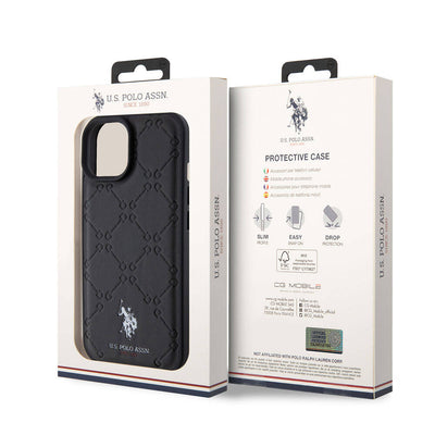 Apple iPhone 15 Plus Kılıf U.S. Polo Assn. Orjinal Lisanslı HS Desenli Baskı Logolu Suni Deri Kapak Siyah