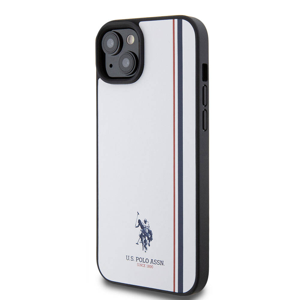 Apple iPhone 15 Plus Kılıf U.S. Polo Assn. Orjinal Lisanslı Üç Renk Şerit Tasarımlı Baskı Logolu Kapak Beyaz