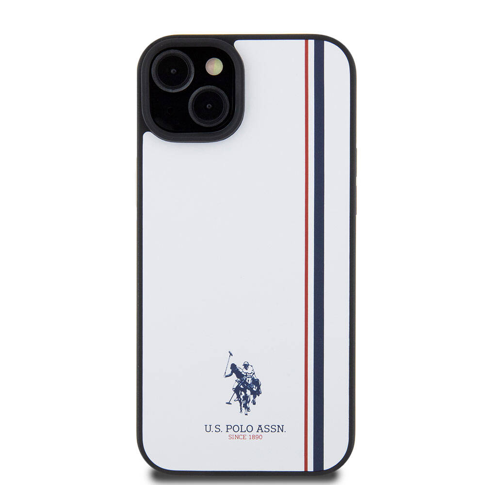 Apple iPhone 15 Plus Kılıf U.S. Polo Assn. Orjinal Lisanslı Üç Renk Şerit Tasarımlı Baskı Logolu Kapak Beyaz