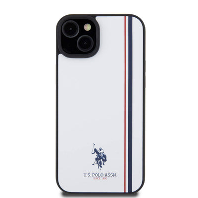 Apple iPhone 15 Plus Kılıf U.S. Polo Assn. Orjinal Lisanslı Üç Renk Şerit Tasarımlı Baskı Logolu Kapak Beyaz