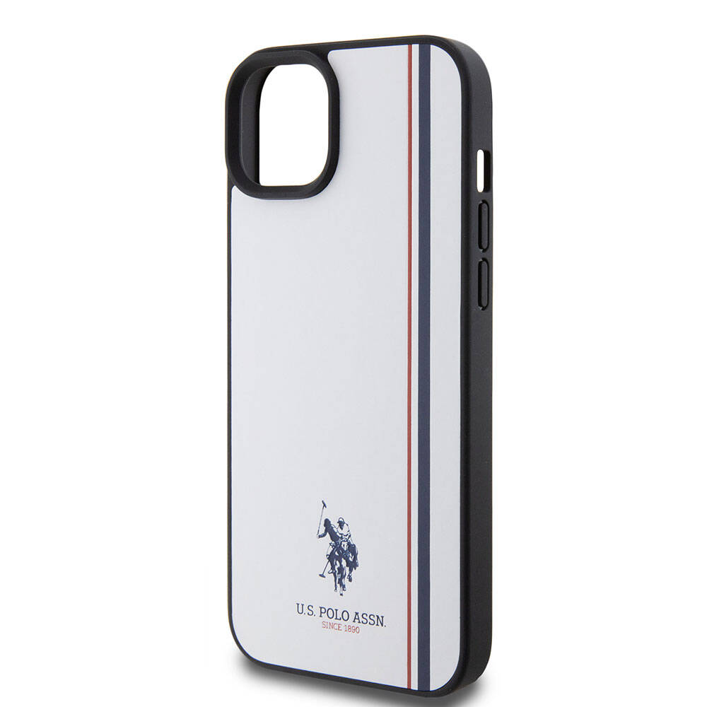 Apple iPhone 15 Plus Kılıf U.S. Polo Assn. Orjinal Lisanslı Üç Renk Şerit Tasarımlı Baskı Logolu Kapak Beyaz