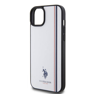 Apple iPhone 15 Plus Kılıf U.S. Polo Assn. Orjinal Lisanslı Üç Renk Şerit Tasarımlı Baskı Logolu Kapak Beyaz