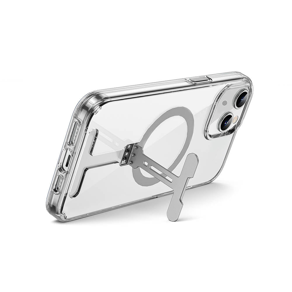 Apple iPhone 15 Plus Kılıf Wiwu FYY-014 Magsafe Şarj Özellikli Alüminyum Alaşım Metal Standlı Şeffaf Kapak Renksiz