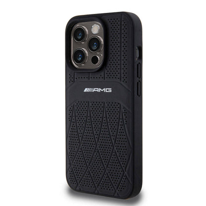 iPhone 15 Pro Kılıf AMG Orjinal Lisanslı M-safe Şarj Özellikli Delikli Deri Kıvrımlı Çizgili Kılıf