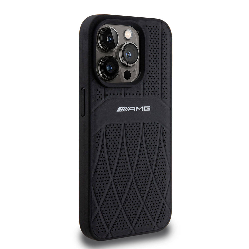 iPhone 15 Pro Kılıf AMG Orjinal Lisanslı M-safe Şarj Özellikli Delikli Deri Kıvrımlı Çizgili Kılıf