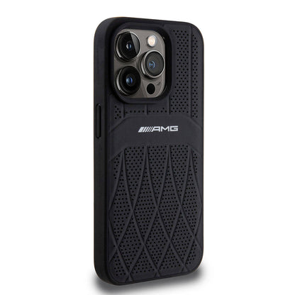 iPhone 15 Pro Kılıf AMG Orjinal Lisanslı M-safe Şarj Özellikli Delikli Deri Kıvrımlı Çizgili Kılıf