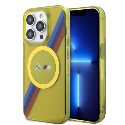 Apple iPhone 15 Pro Kılıf BMW Magsafe Şarj Özellikli Transparan Tricolor Stripes Orjinal Lisanslı Kapak Sarı