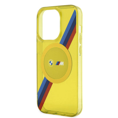 Apple iPhone 15 Pro Kılıf BMW Magsafe Şarj Özellikli Transparan Tricolor Stripes Orjinal Lisanslı Kapak Sarı