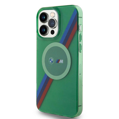 Apple iPhone 15 Pro Kılıf BMW Magsafe Şarj Özellikli Transparan Tricolor Stripes Orjinal Lisanslı Kapak Yeşil