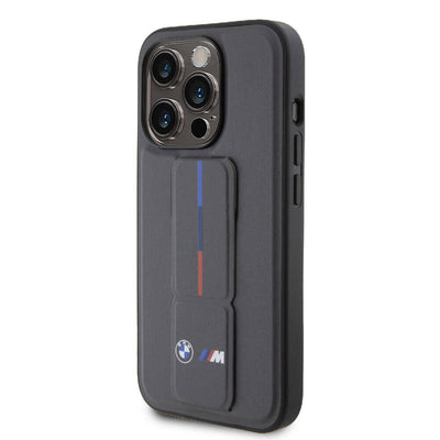 Apple iPhone 15 Pro Kılıf BMW Orjinal Lisanslı M Şerit ve Logolu Standlı Kapak Siyah
