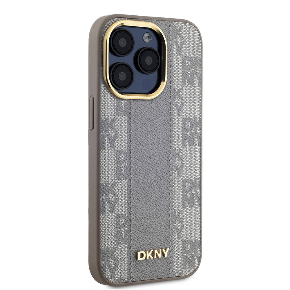 Apple iPhone 15 Pro Kılıf DKNY Orjinal Lisanslı Magsafe Şarj Özellikli 3D Yazılı Checkered Pattern Kapak Krem